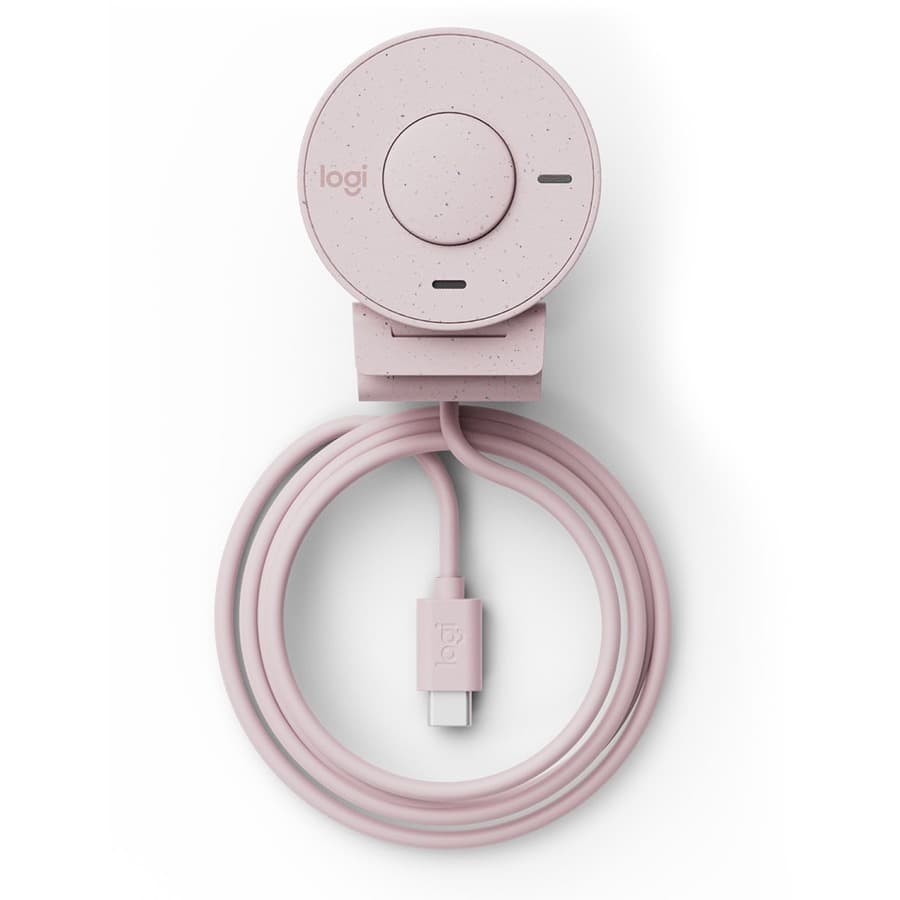 Logitech Brio 300 webcam in rose finish with privacy shutter and clip-on mount
