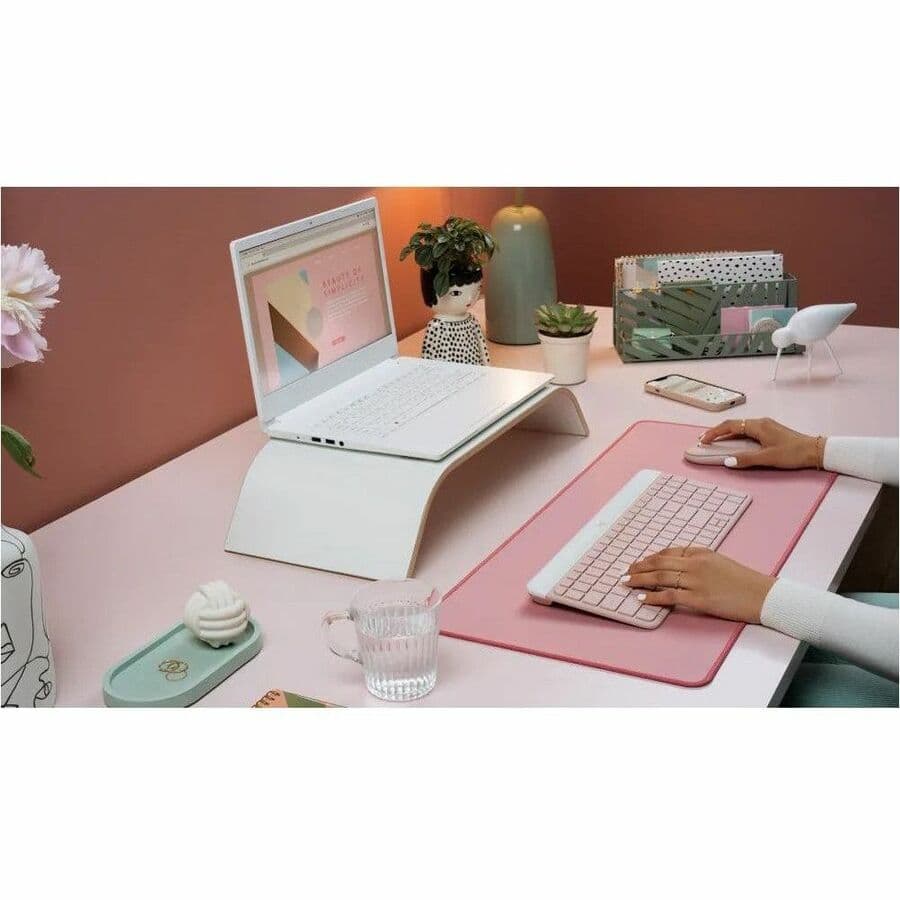 Logitech MK470 slim wireless keyboard and mouse combo in Rose for compact workspaces