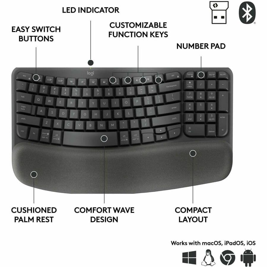 Logitech Wave Keys for Business wireless ergonomic keyboard in brown box packaging
