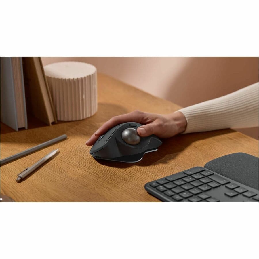 Logitech MX ERGO S advanced wireless trackball mouse in gray with ergonomic thumb control
