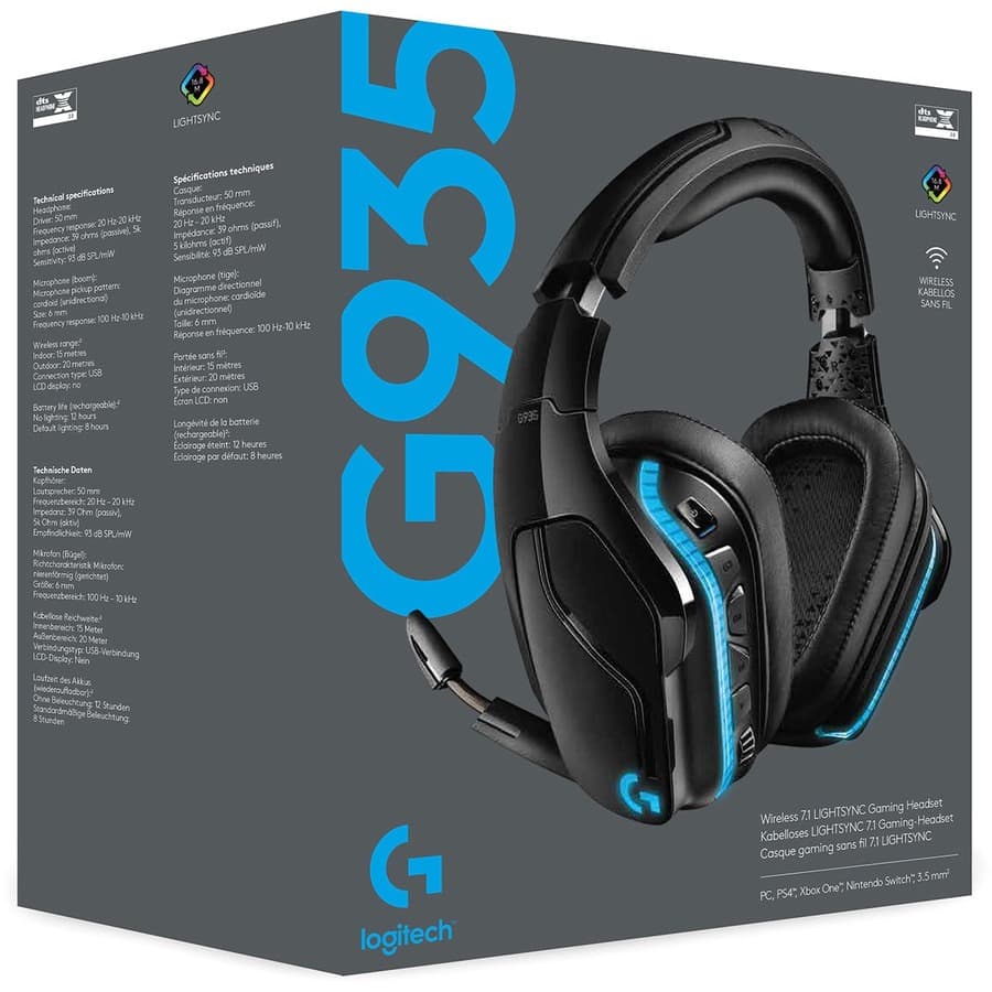 Logitech G935 Wireless LIGHTSYNC headset with over-ear cups, boom microphone, and wireless connectivity