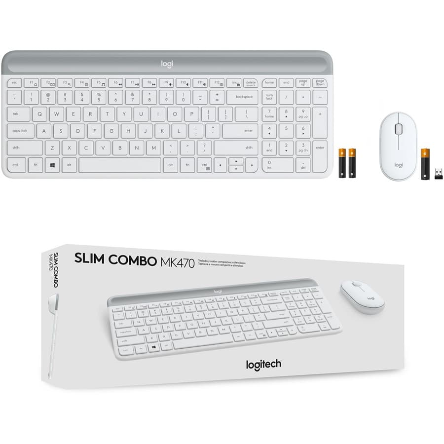 Logitech MK470 Slim Wireless Keyboard and Mouse Combo in white with ultra-thin keyboard and compact mouse
