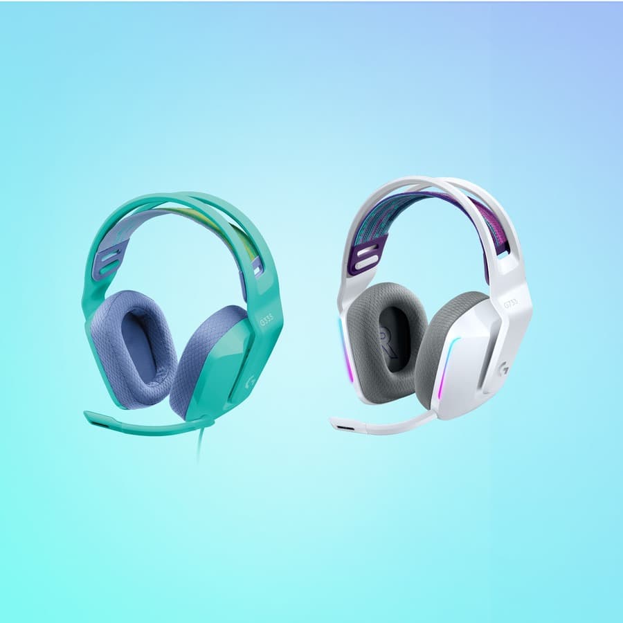 Logitech G335 wired gaming headset in Mint with over-ear cups and boom microphone