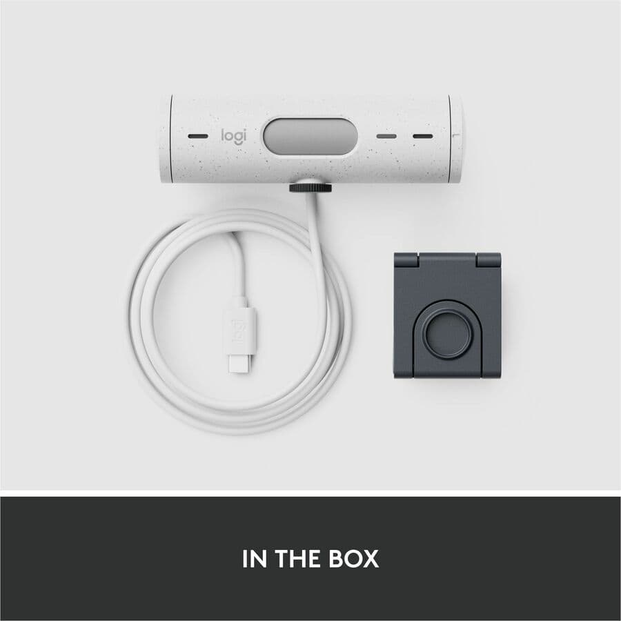 Logitech Brio 500 1080p webcam in off white with wide field of view and privacy shutter