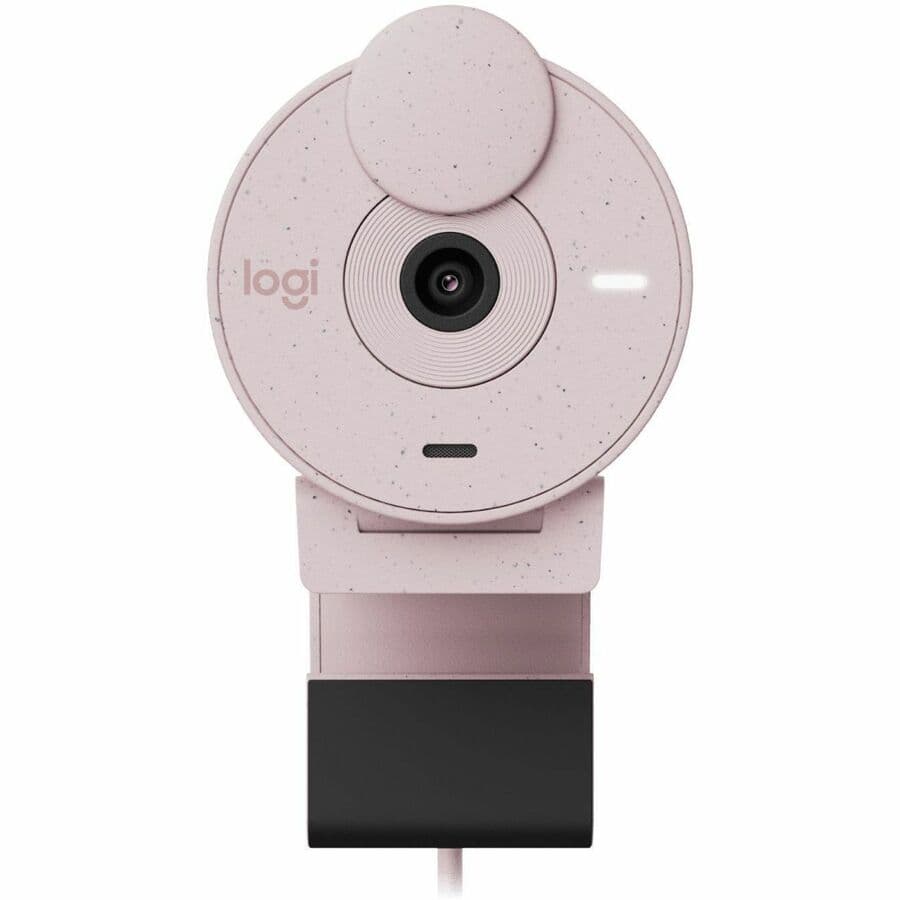 Logitech BRIO 305 Rose 1080p USB-C webcam mounted on a laptop display