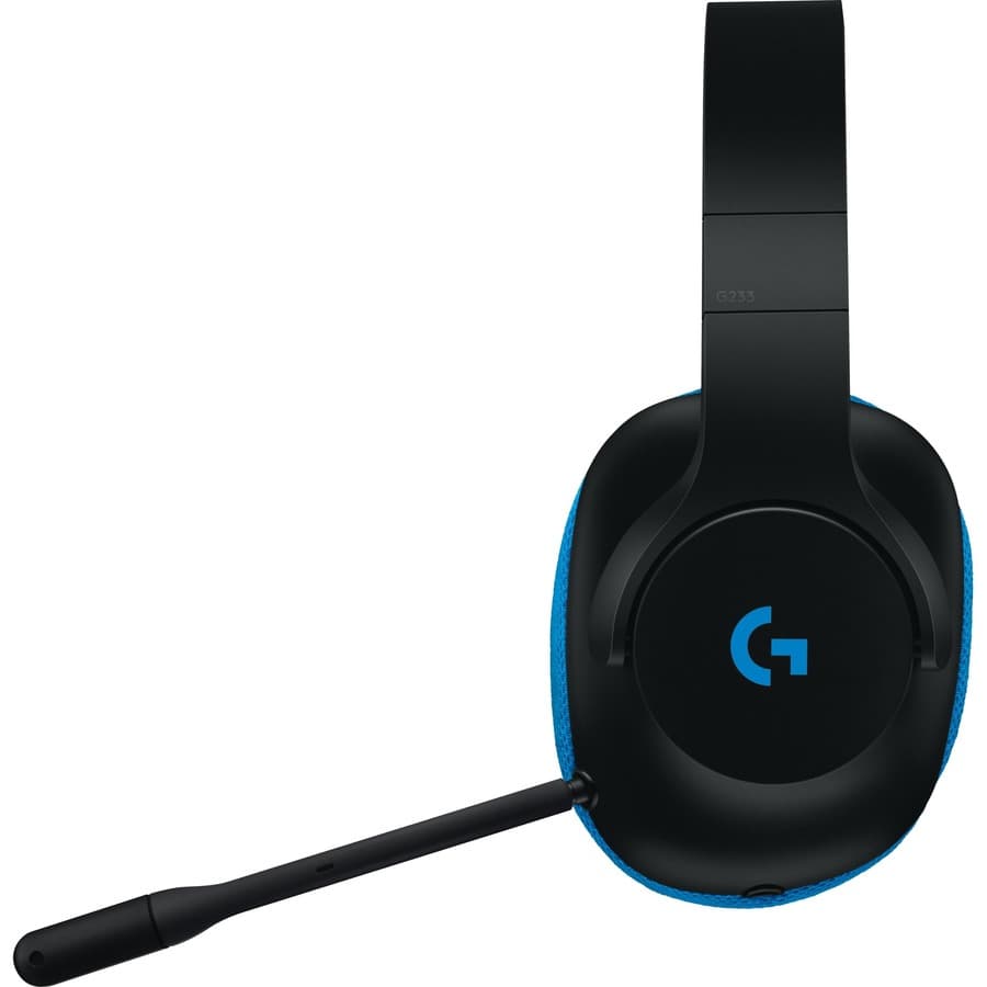 Logitech G233 black wired gaming headset with over-ear cups and boom microphone