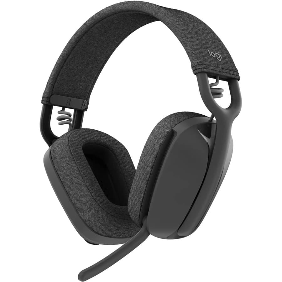 Logitech Zone Vibe 100 wireless headset in Graphite with over-ear design and boom microphone