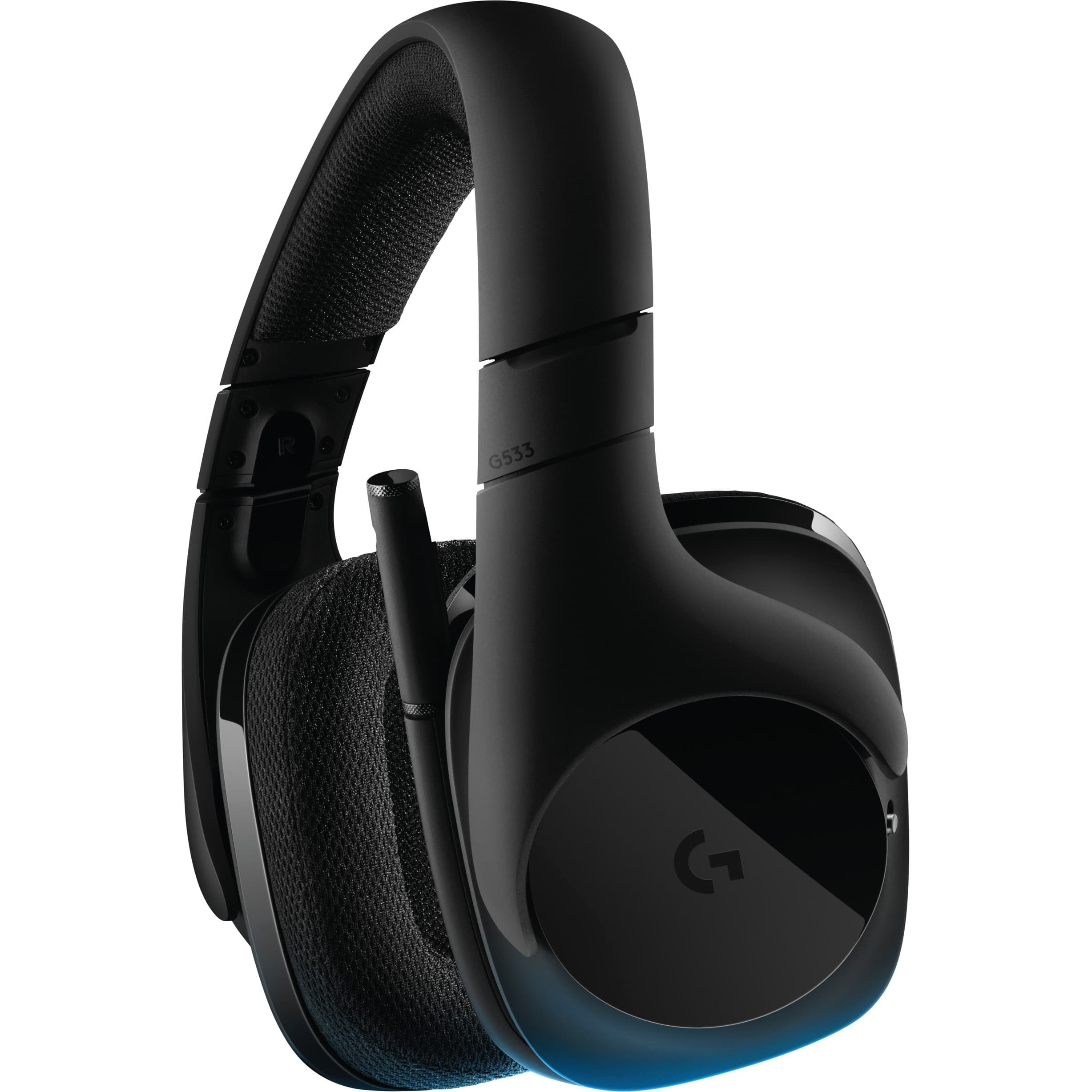 Logitech G533 wireless gaming headset with over-ear cups and boom microphone