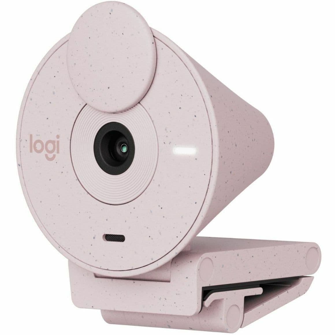 Logitech BRIO 305 Rose 1080p USB-C webcam mounted on a laptop display