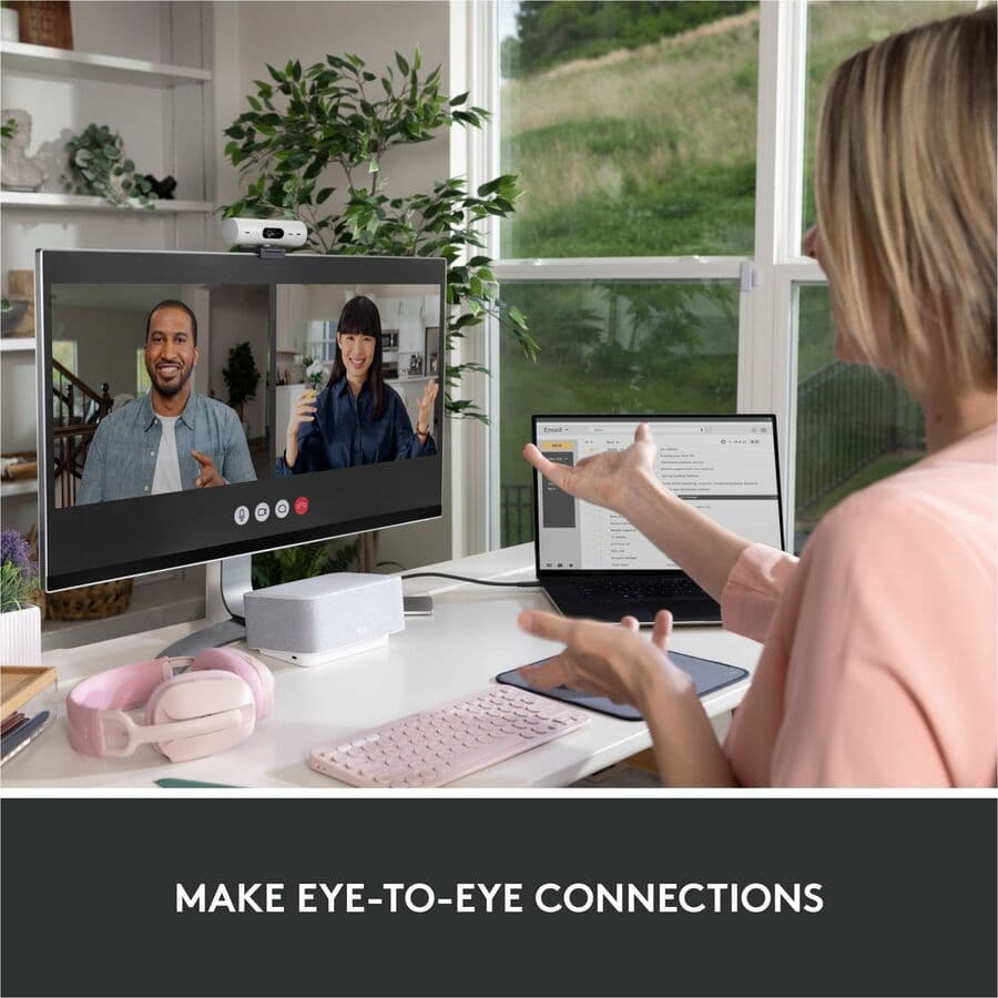 Logitech Brio 500 1080p webcam in off white with wide field of view and privacy shutter