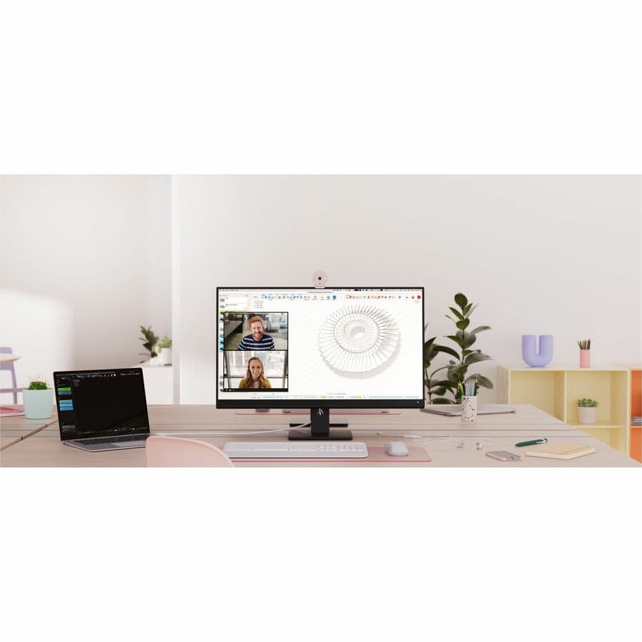 Logitech BRIO 305 Rose 1080p USB-C webcam mounted on a laptop display