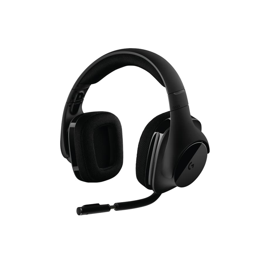 Logitech G533 wireless gaming headset with over-ear cups and boom microphone