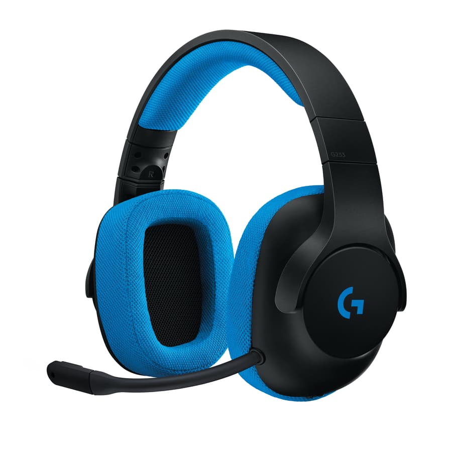Logitech G233 black wired gaming headset with over-ear cups and boom microphone