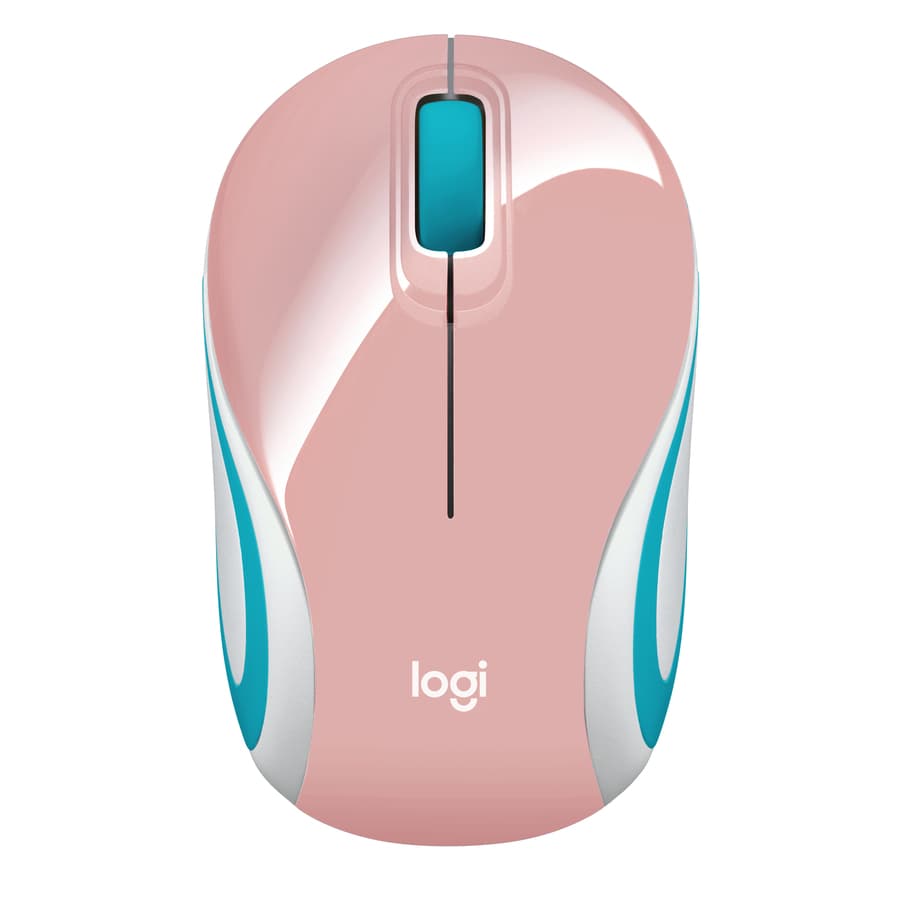 Logitech M187 Mini Wireless Mouse in blossom with USB nano receiver beside a laptop