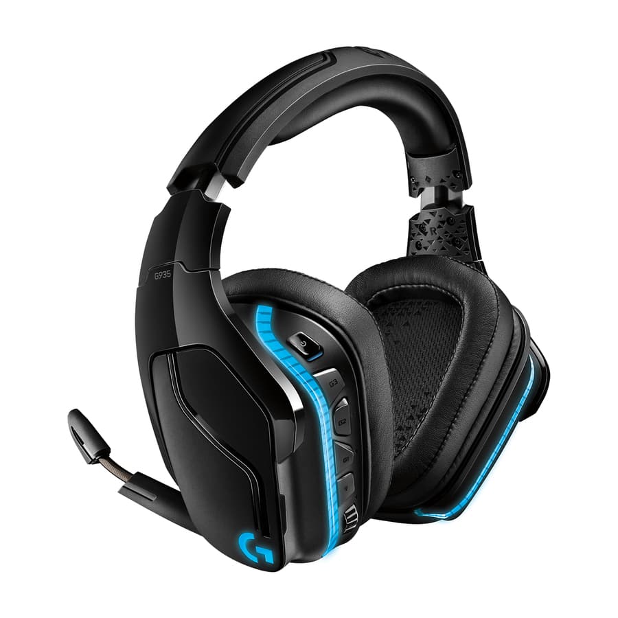 Logitech G935 Wireless LIGHTSYNC headset with over-ear cups, boom microphone, and wireless connectivity