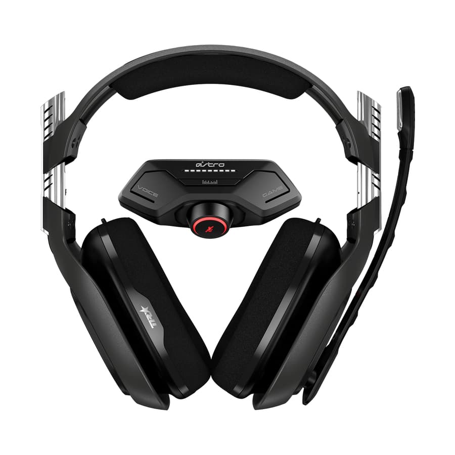 Logitech A40 TR headset with MixAmp M80 inline controller and boom microphone