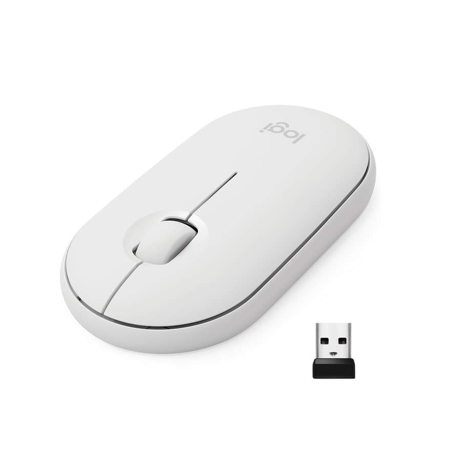 Logitech Pebble M350 wireless mouse in off white shown on a desk beside a laptop