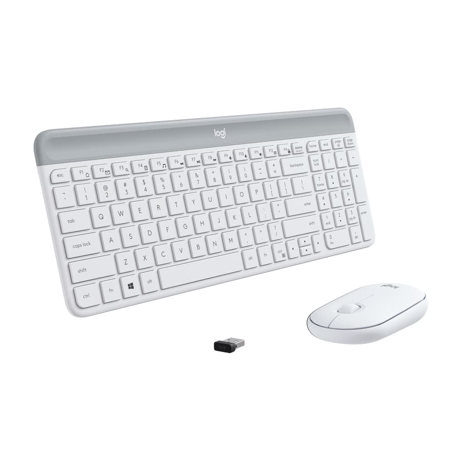 Logitech MK470 Slim Wireless Keyboard and Mouse Combo in white with ultra-thin keyboard and compact mouse