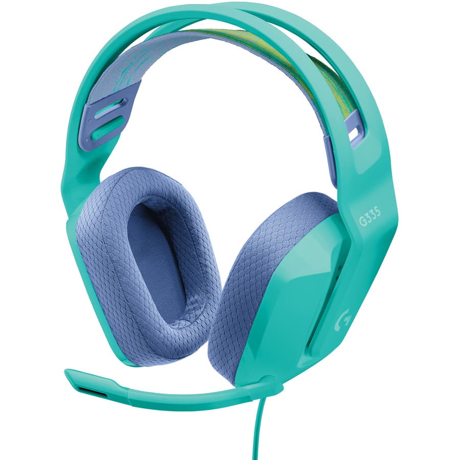 Logitech G335 wired gaming headset in Mint with over-ear cups and boom microphone