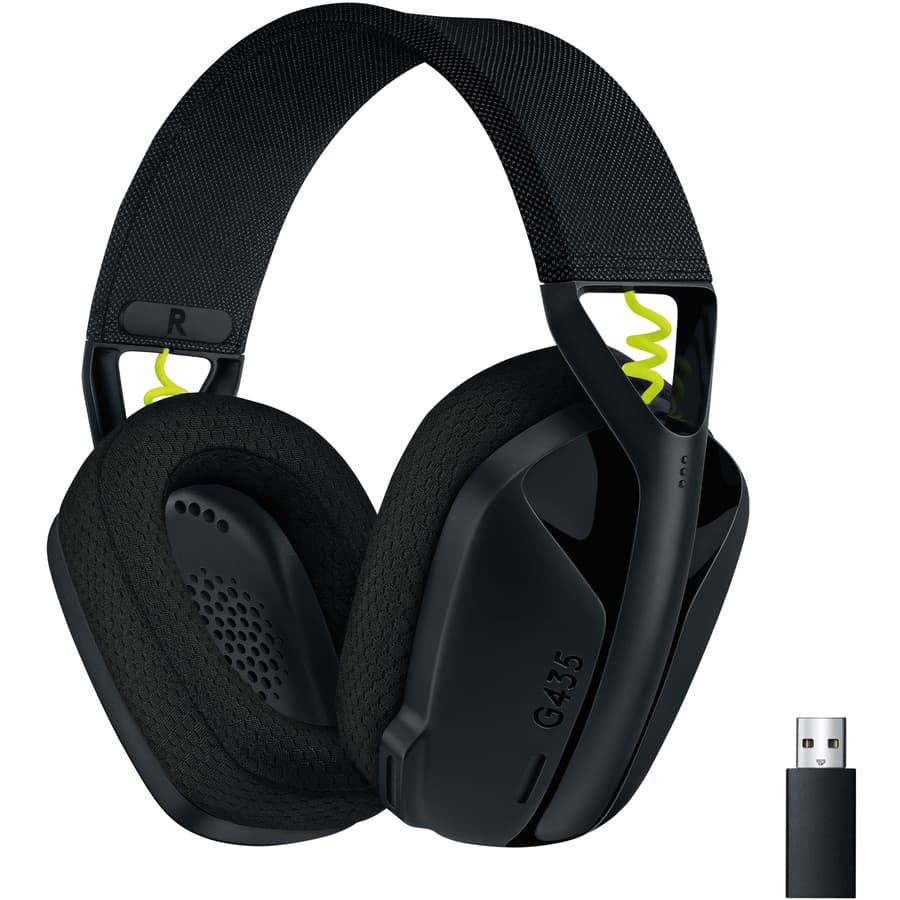 Logitech G435 wireless gaming headset in black with over-ear cups and detachable microphone