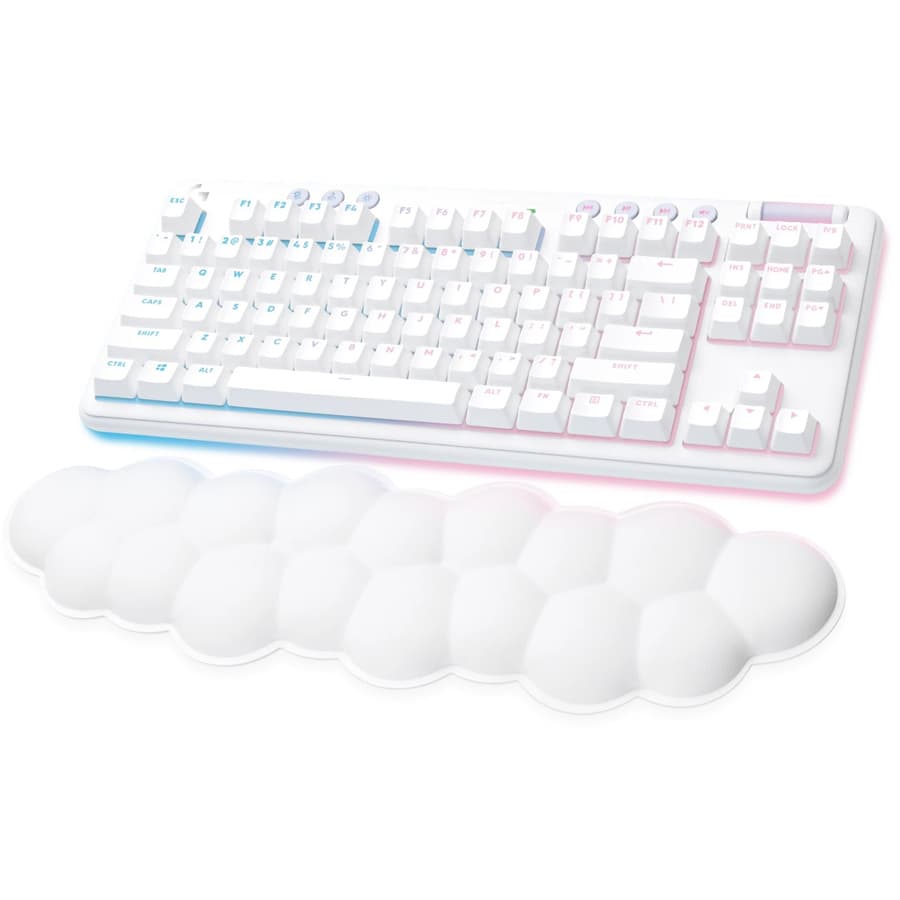 Logitech G715 Wireless Gaming Keyboard Clicky in white with compact wireless layout
