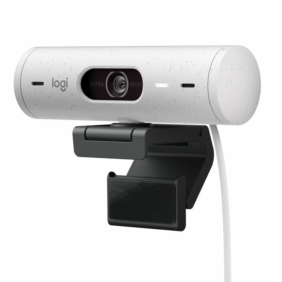 Logitech Brio 500 1080p webcam in off white with wide field of view and privacy shutter