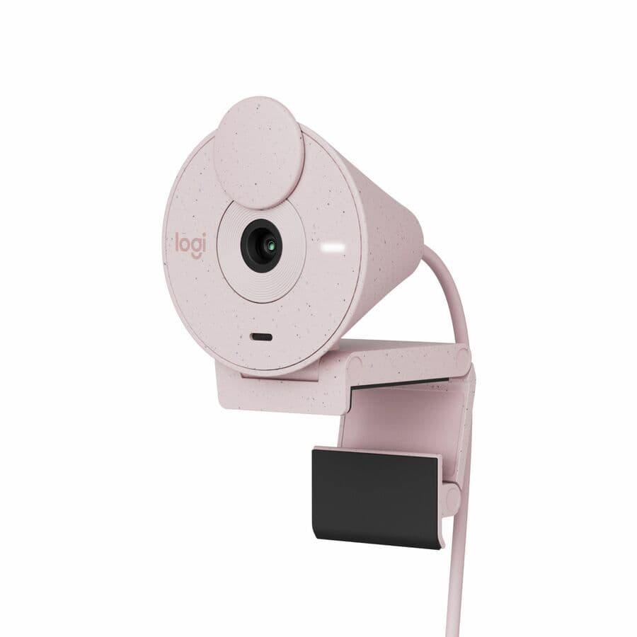 Logitech Brio 300 webcam in rose finish with privacy shutter and clip-on mount