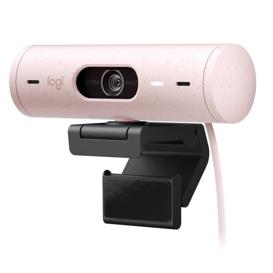 Logitech BRIO 500 Rose webcam with 1080p video, autofocus, and privacy shutter