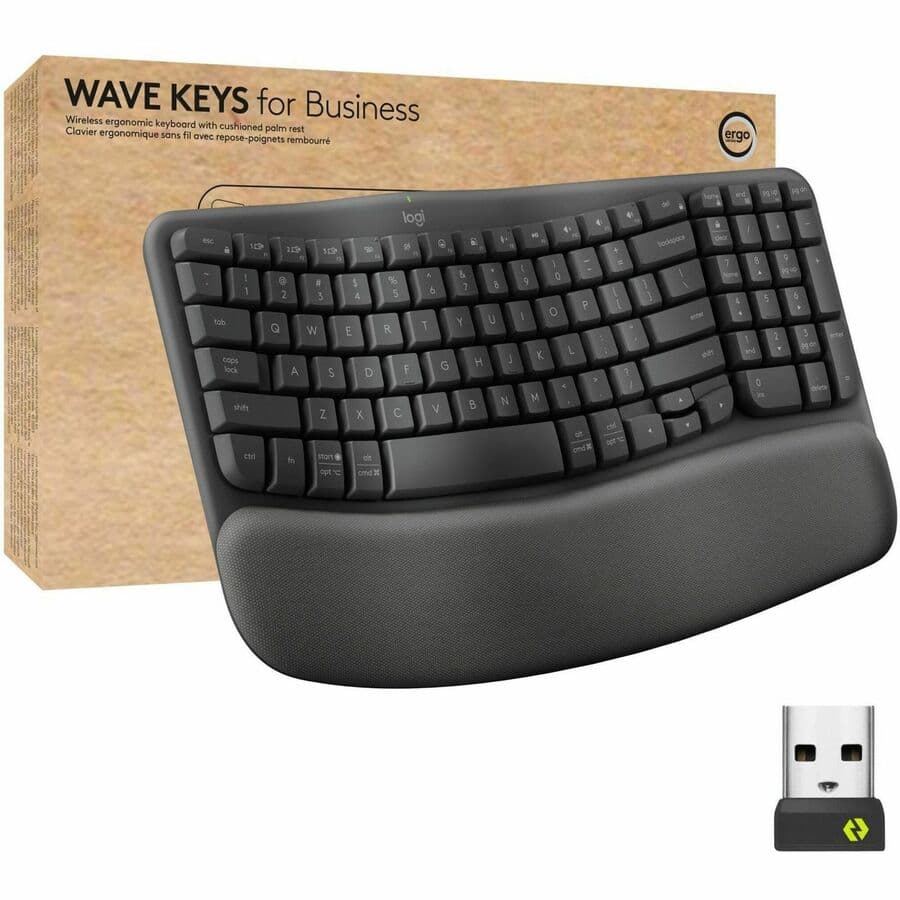 Logitech Wave Keys for Business wireless ergonomic keyboard in brown box packaging