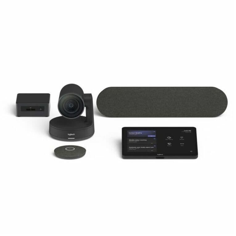 Logitech Rally Microsoft Teams Rooms bundle with Tap controller, NUC compute, white mic pods, and mounting accessories