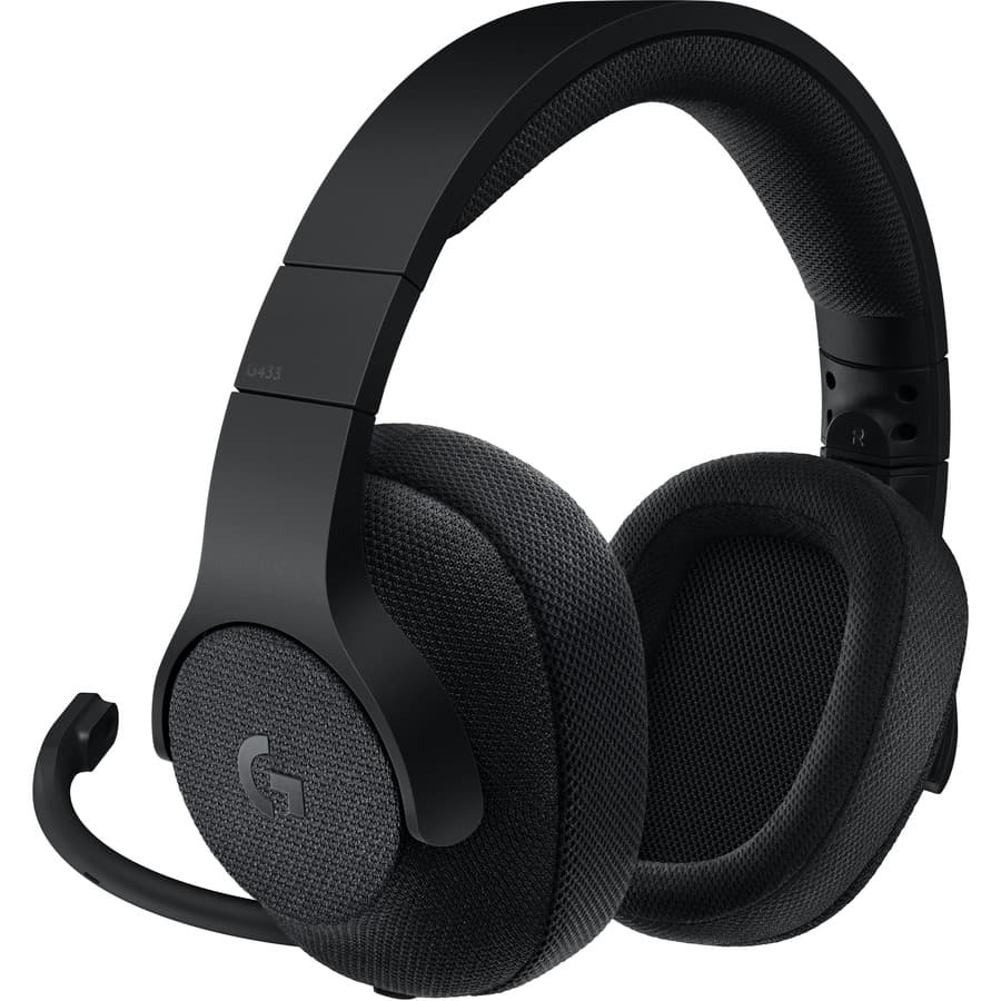 Logitech G433 black wired gaming headset with over-ear cups and boom microphone
