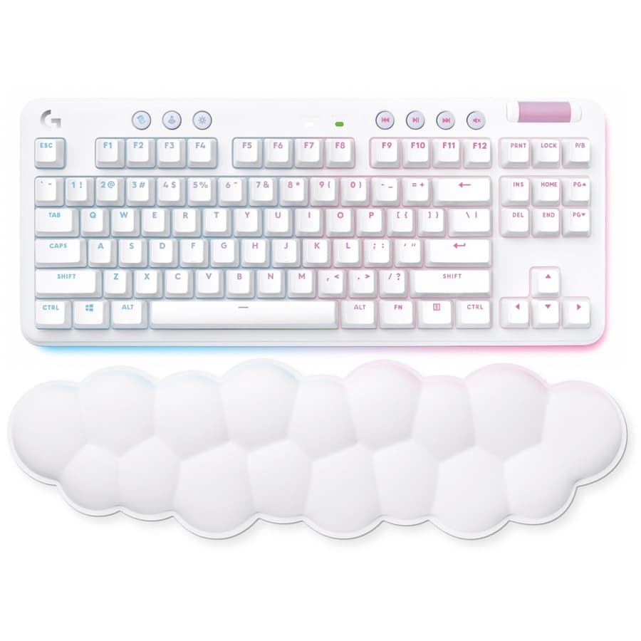 Logitech G715 Wireless Gaming Keyboard Clicky in white with compact wireless layout