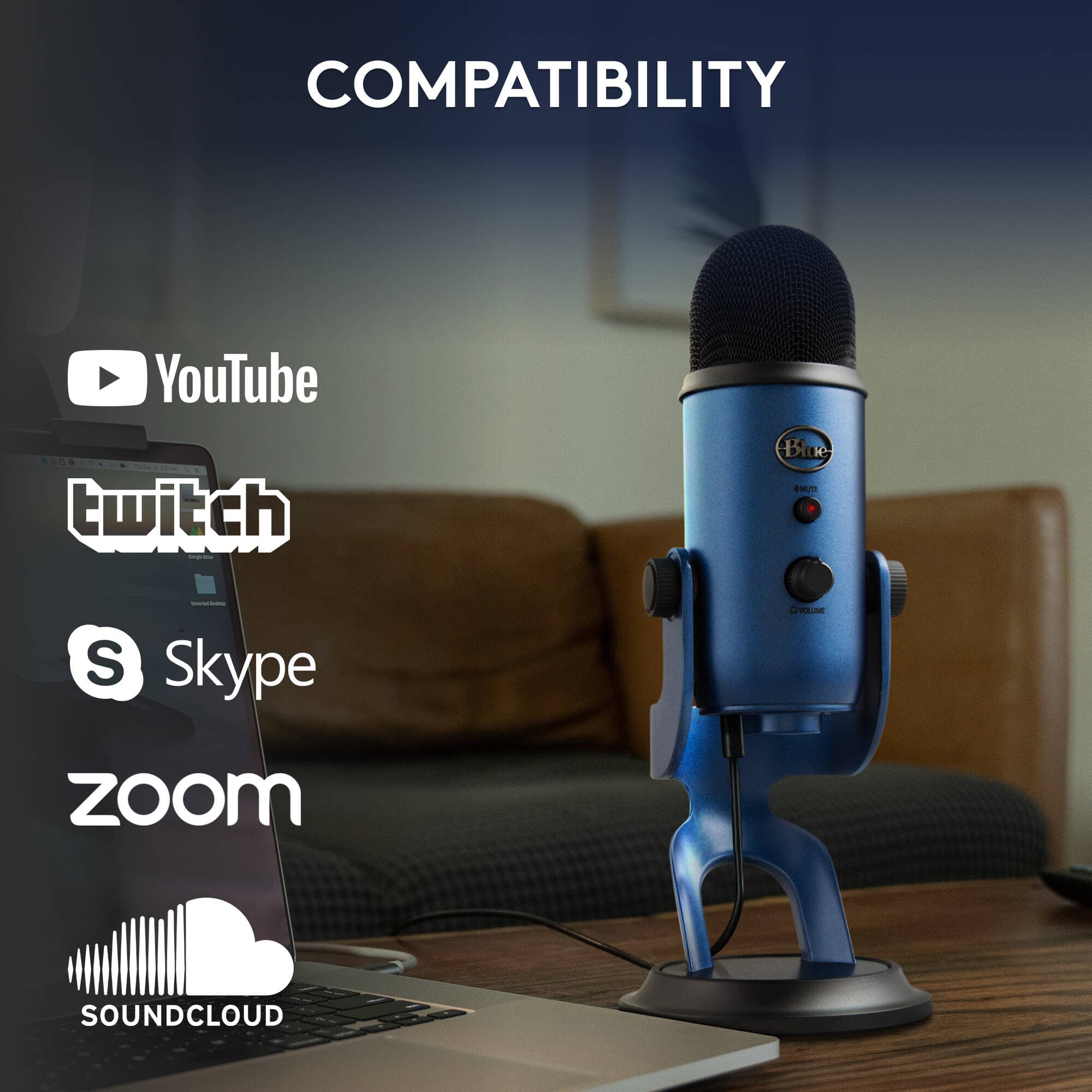 Logitech USB microphone in Midnight Blue with four polar patterns and headphone monitoring