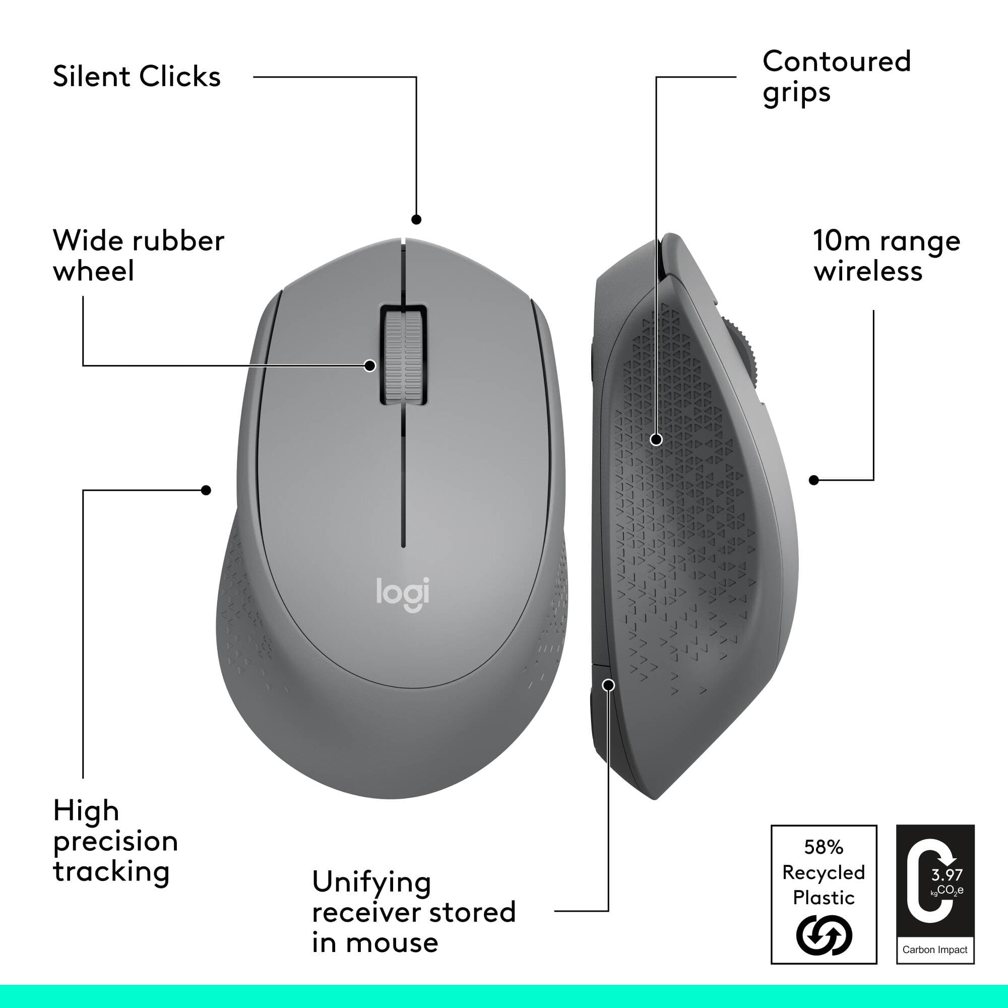 Logitech M330 Silent Plus Grey wireless right-handed mouse with silent clicks