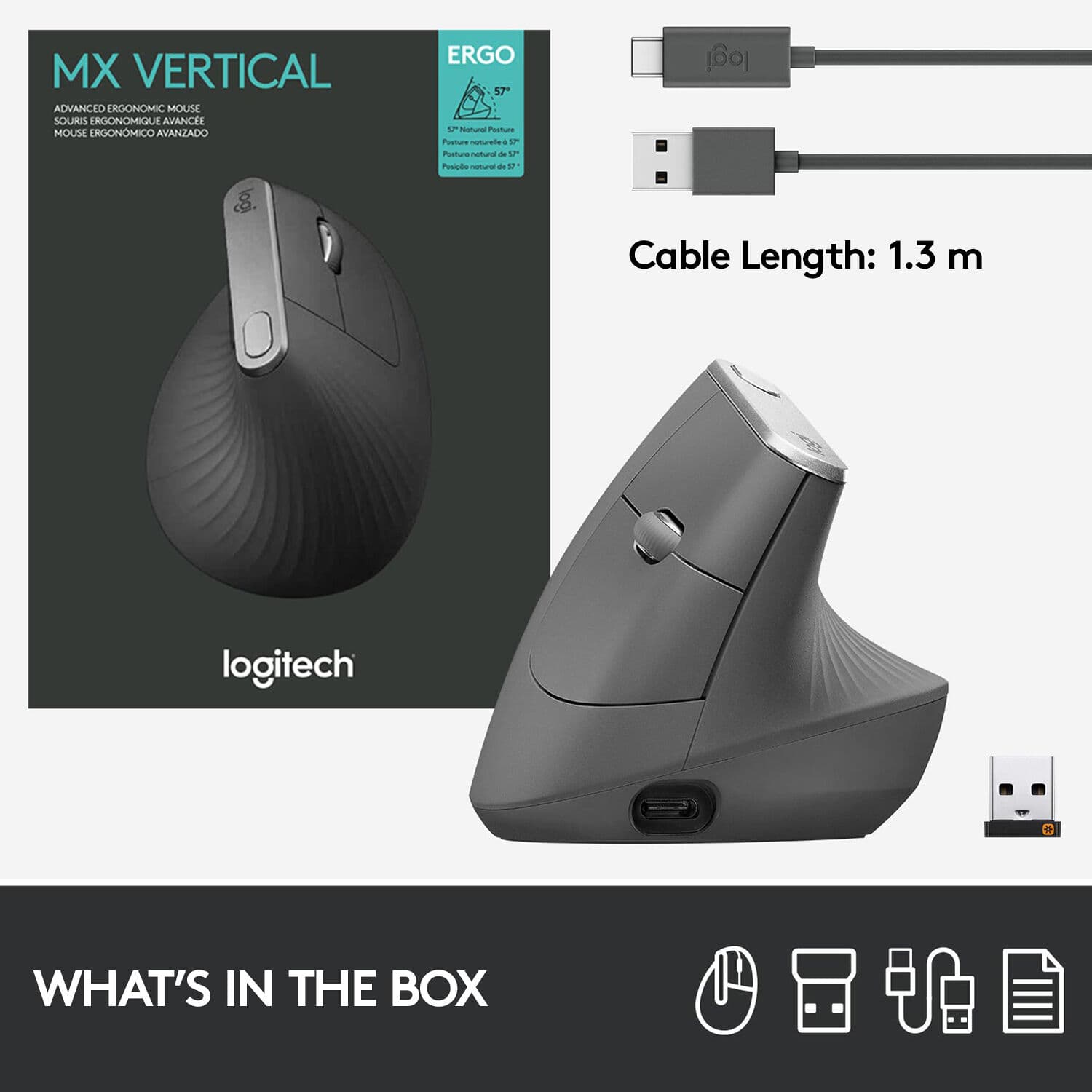 Logitech MX Vertical ergonomic mouse in graphite, 57-degree vertical wireless mouse with rechargeable battery