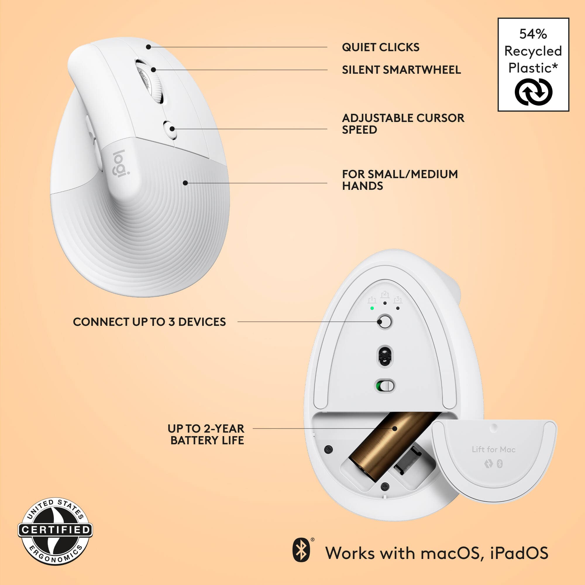 Logitech LIFT Ergo Mouse for Mac in off-white, vertical ergonomic wireless mouse
