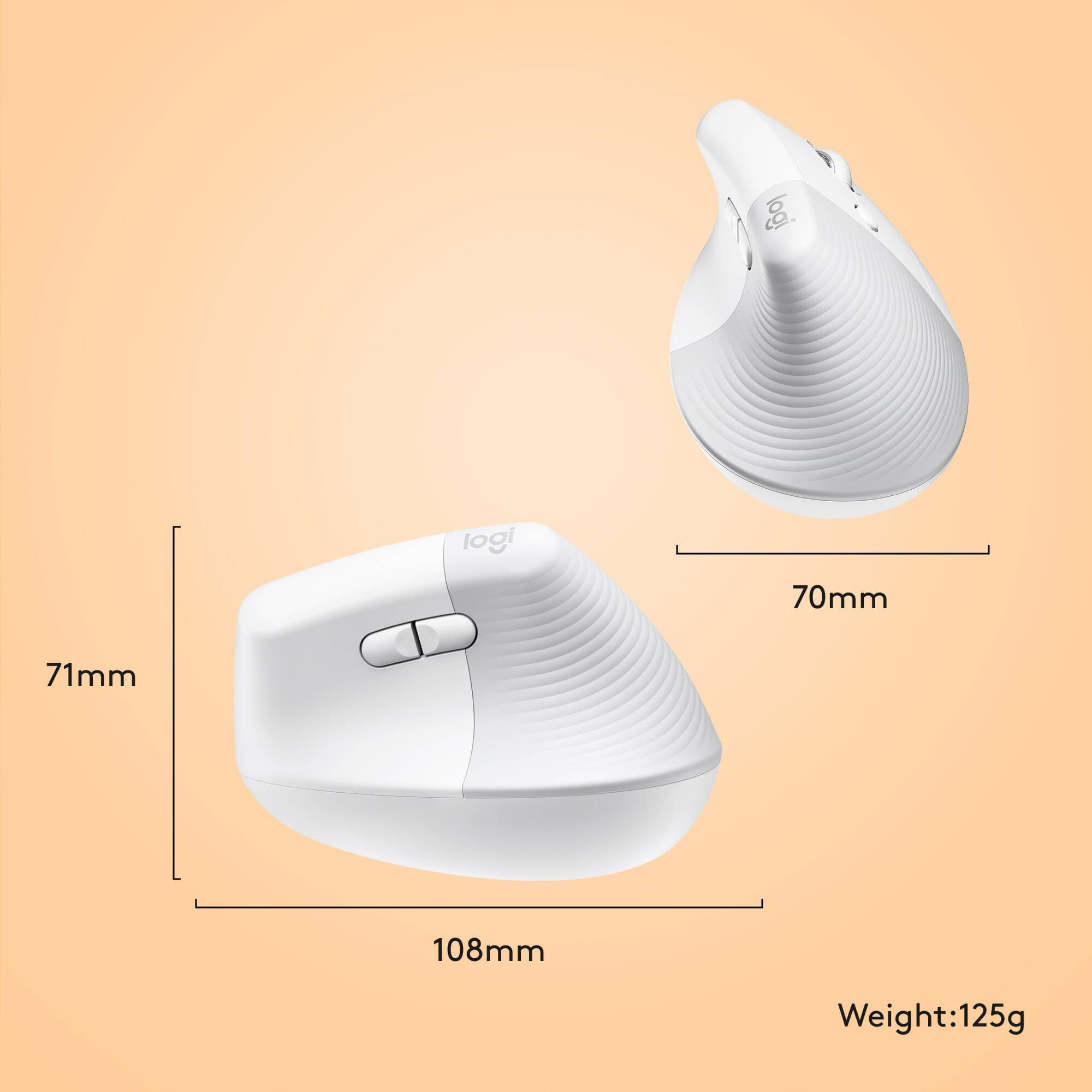 Logitech LIFT Ergo Mouse for Mac in off-white, vertical ergonomic wireless mouse