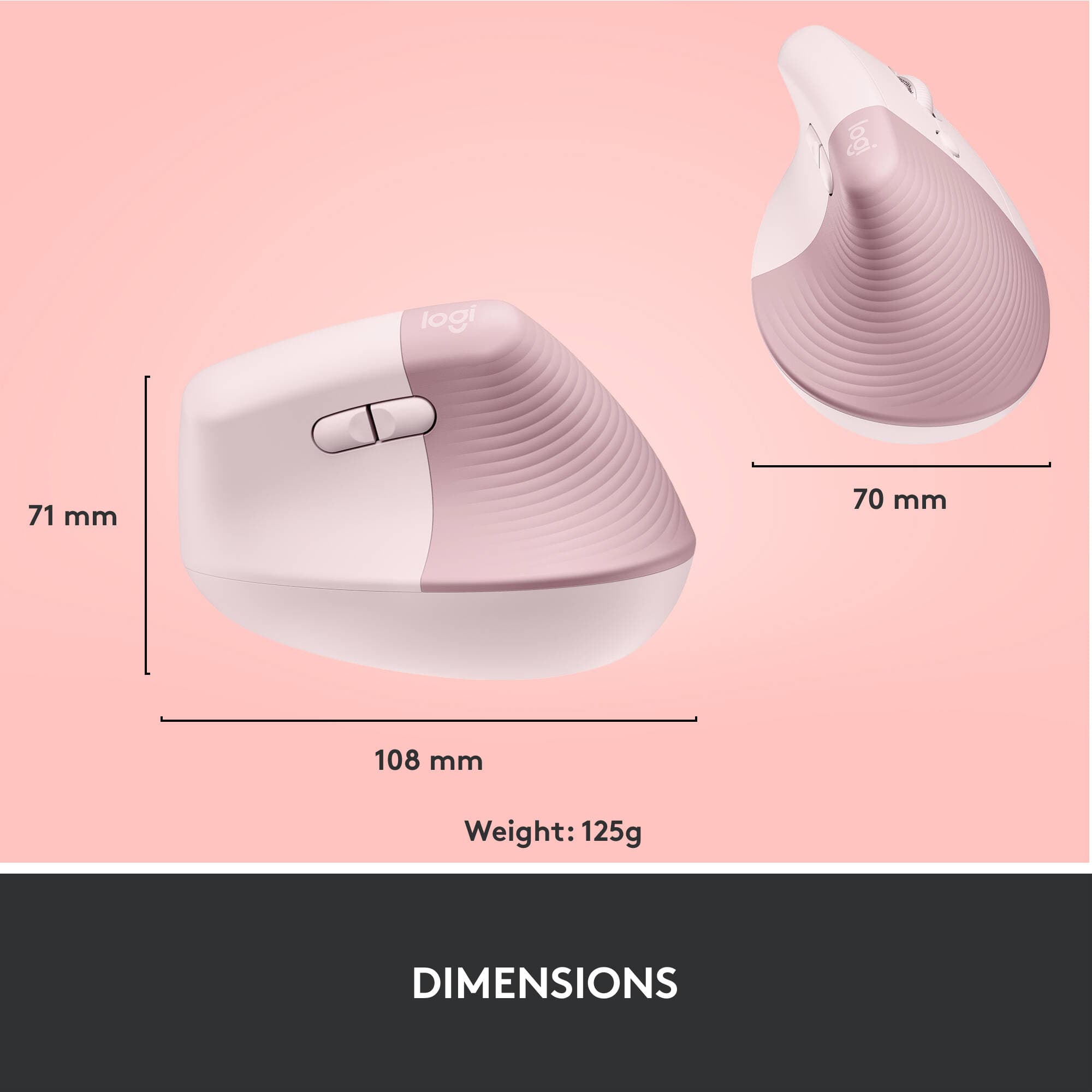 Logitech Lift vertical ergonomic wireless mouse in Rose