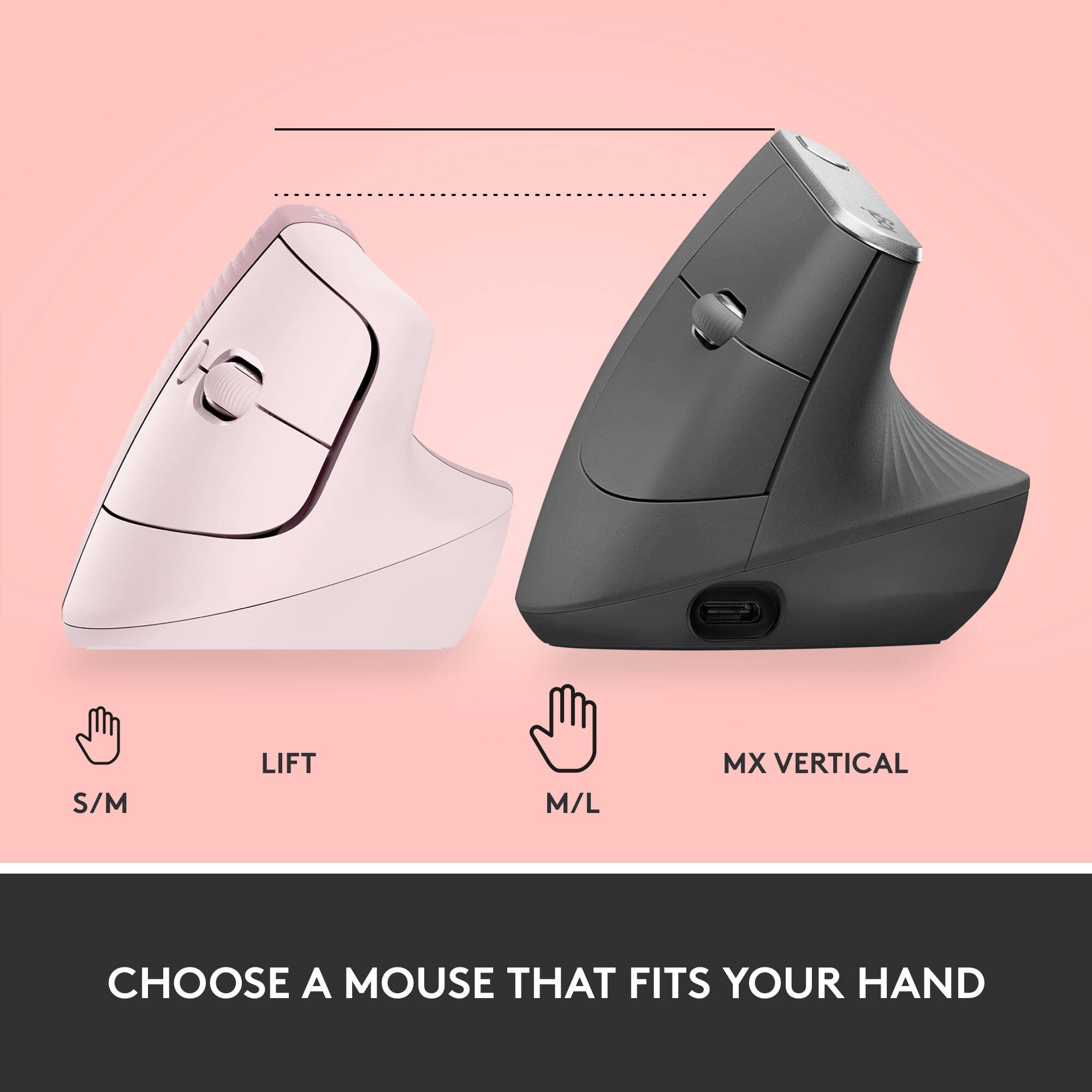 Logitech Lift vertical ergonomic wireless mouse in Rose