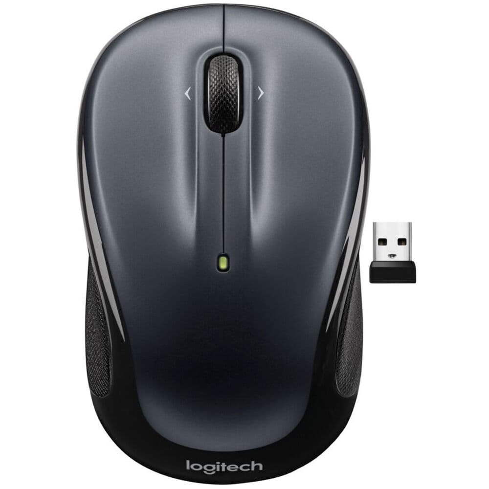 Logitech M325S three-button wireless mouse in Dark Silver — compact ambidextrous design with USB nano receiver