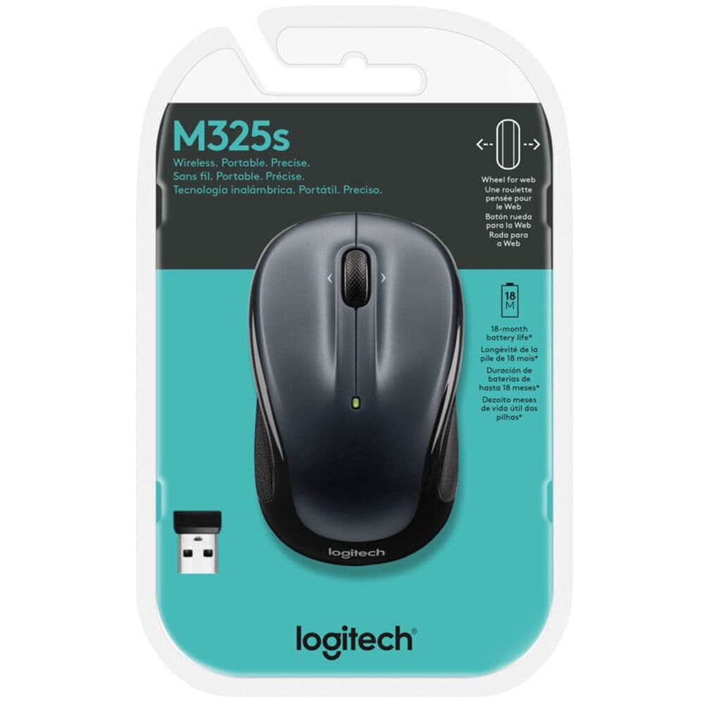 Logitech M325S three-button wireless mouse in Dark Silver — compact ambidextrous design with USB nano receiver