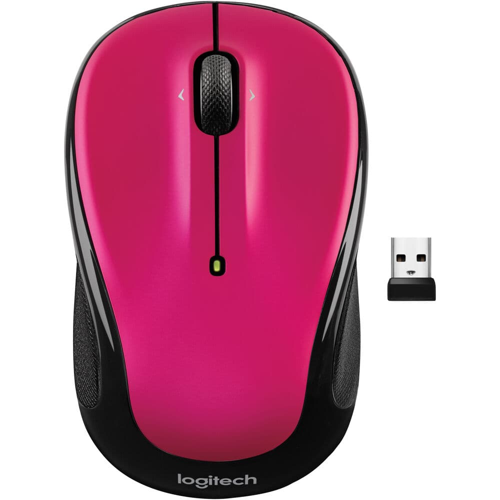 Logitech M325S three-button wireless mouse in Brilliant Rose — compact ambidextrous design with USB nano receiver