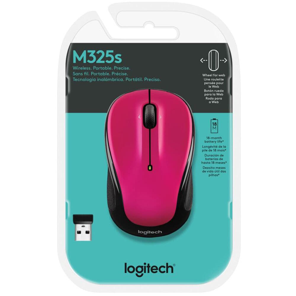Logitech M325S three-button wireless mouse in Brilliant Rose — compact ambidextrous design with USB nano receiver