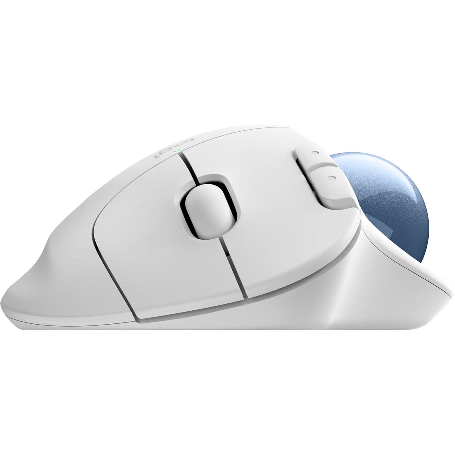 Logitech ERGO M575s wireless trackball in off‑white with blue thumb ball, right‑hand sculpted shape