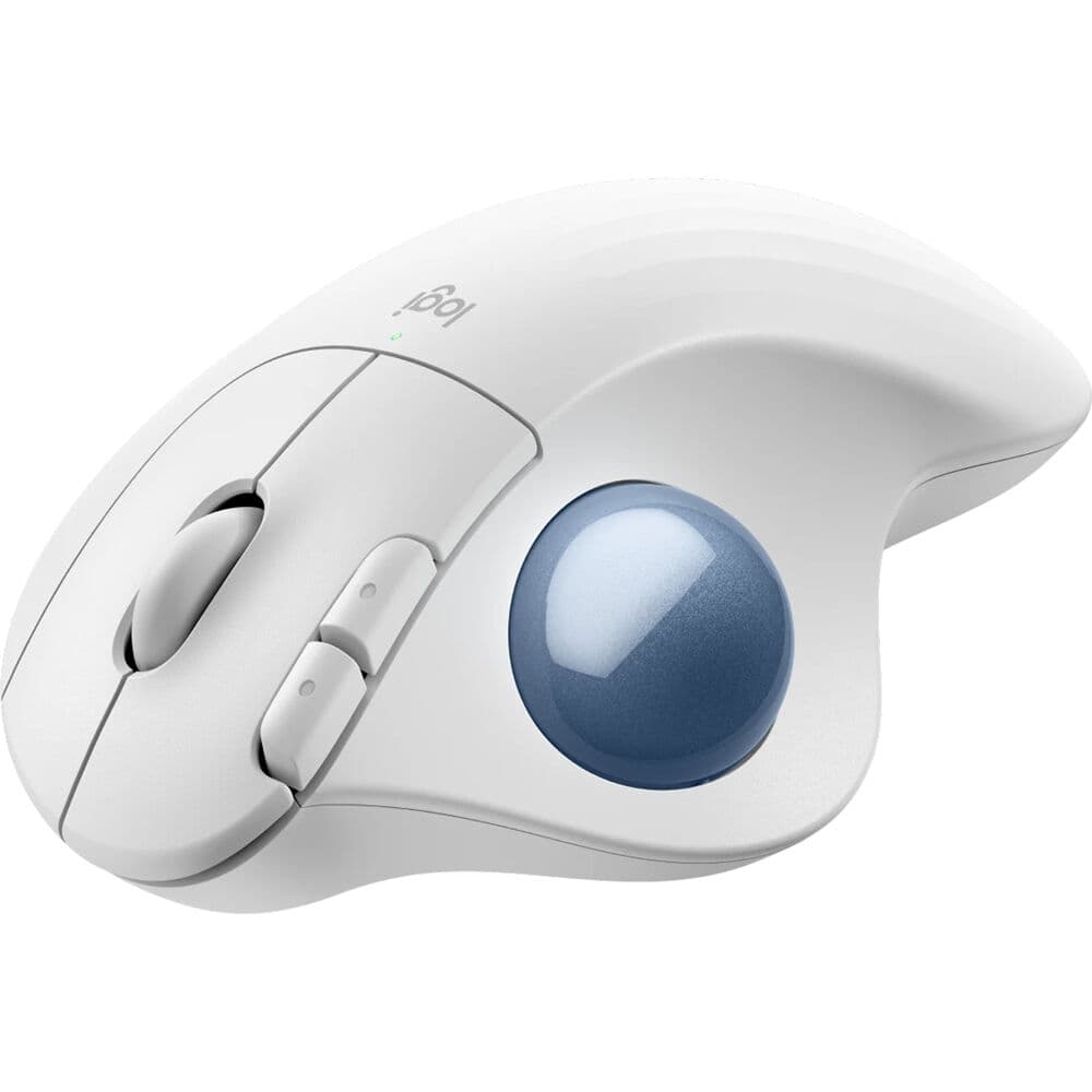 Logitech ERGO M575s wireless trackball in off‑white with blue thumb ball, right‑hand sculpted shape