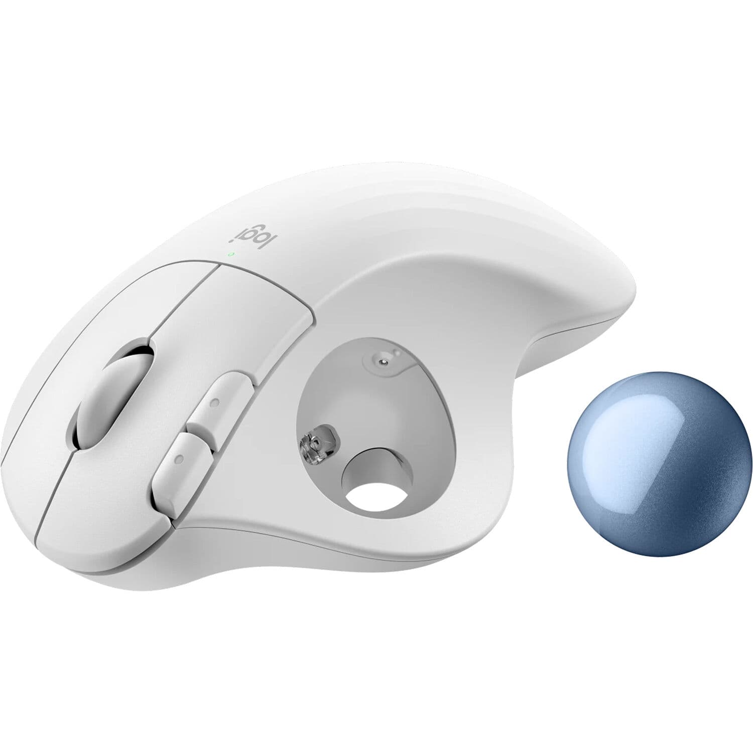 Logitech ERGO M575s wireless trackball in off‑white with blue thumb ball, right‑hand sculpted shape