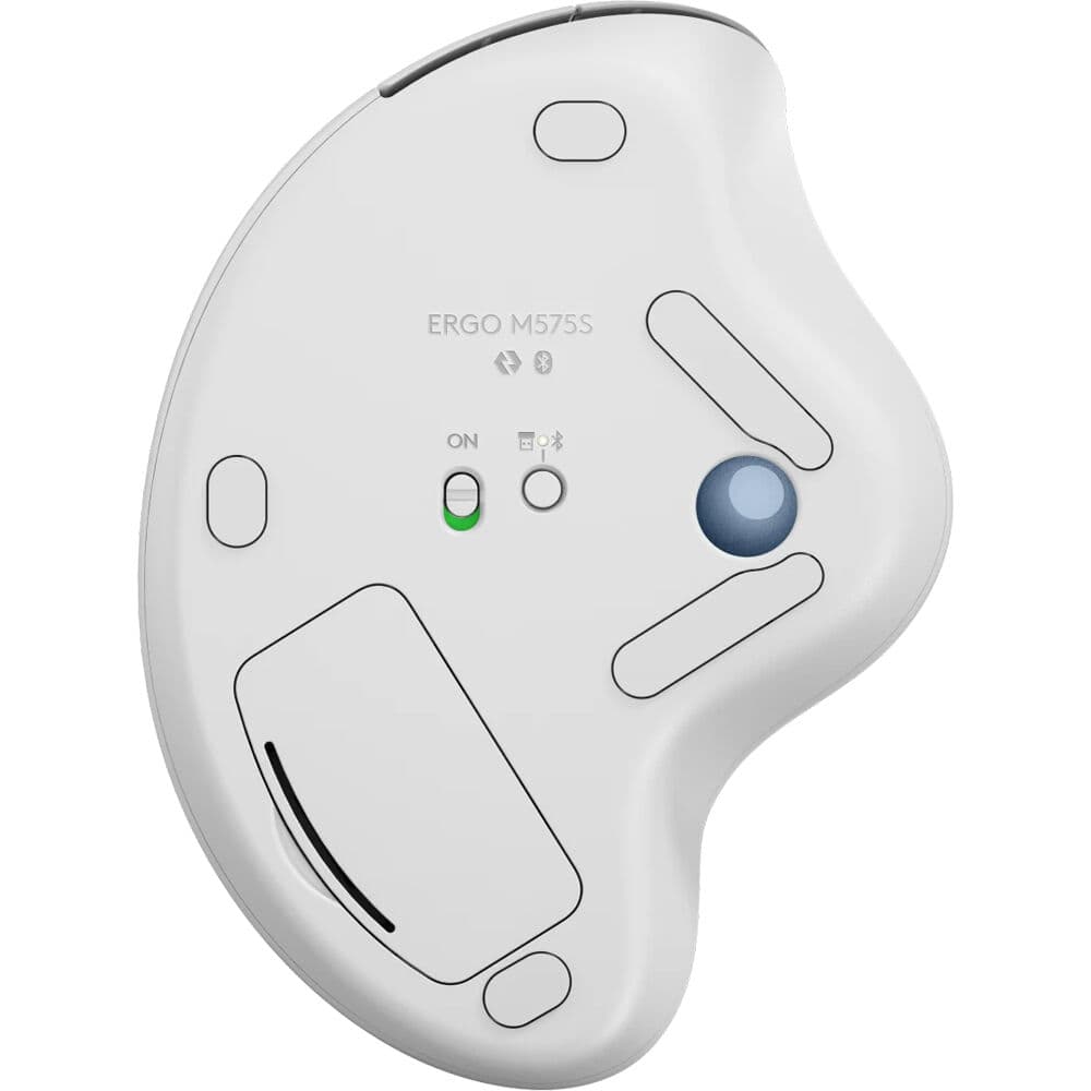 Logitech ERGO M575s wireless trackball in off‑white with blue thumb ball, right‑hand sculpted shape