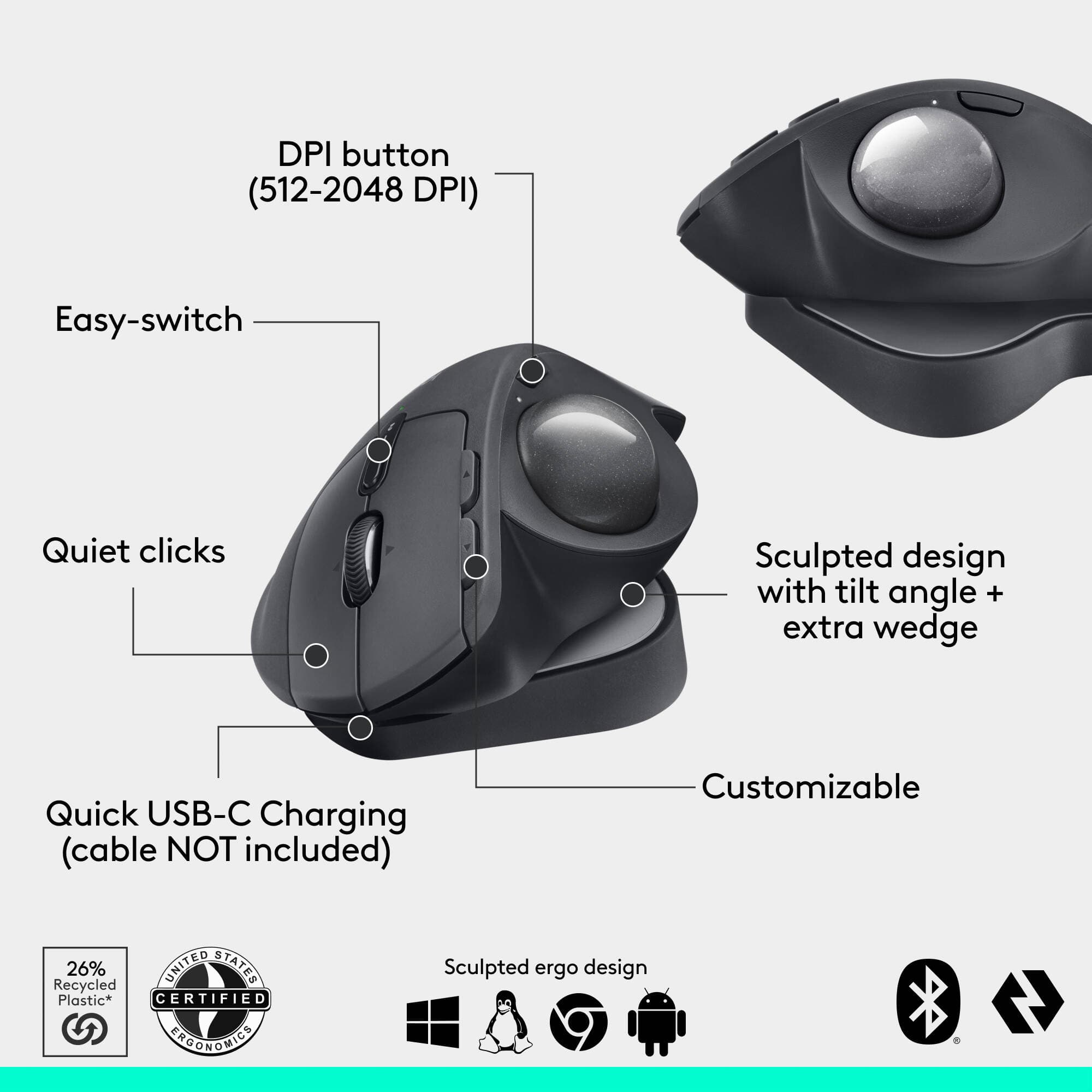 Logitech MX Ergo S Plus Graphite ergonomic wireless trackball mouse