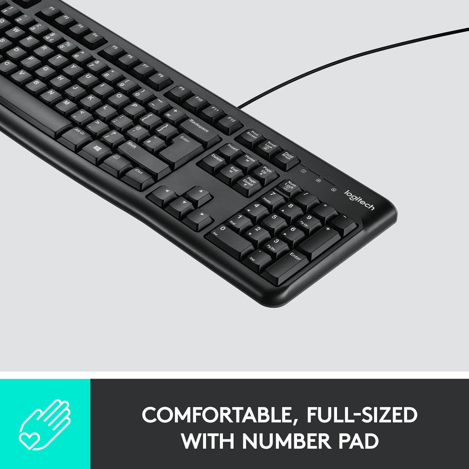 Logitech K120 full-size wired USB keyboard with quiet keys and slim profile