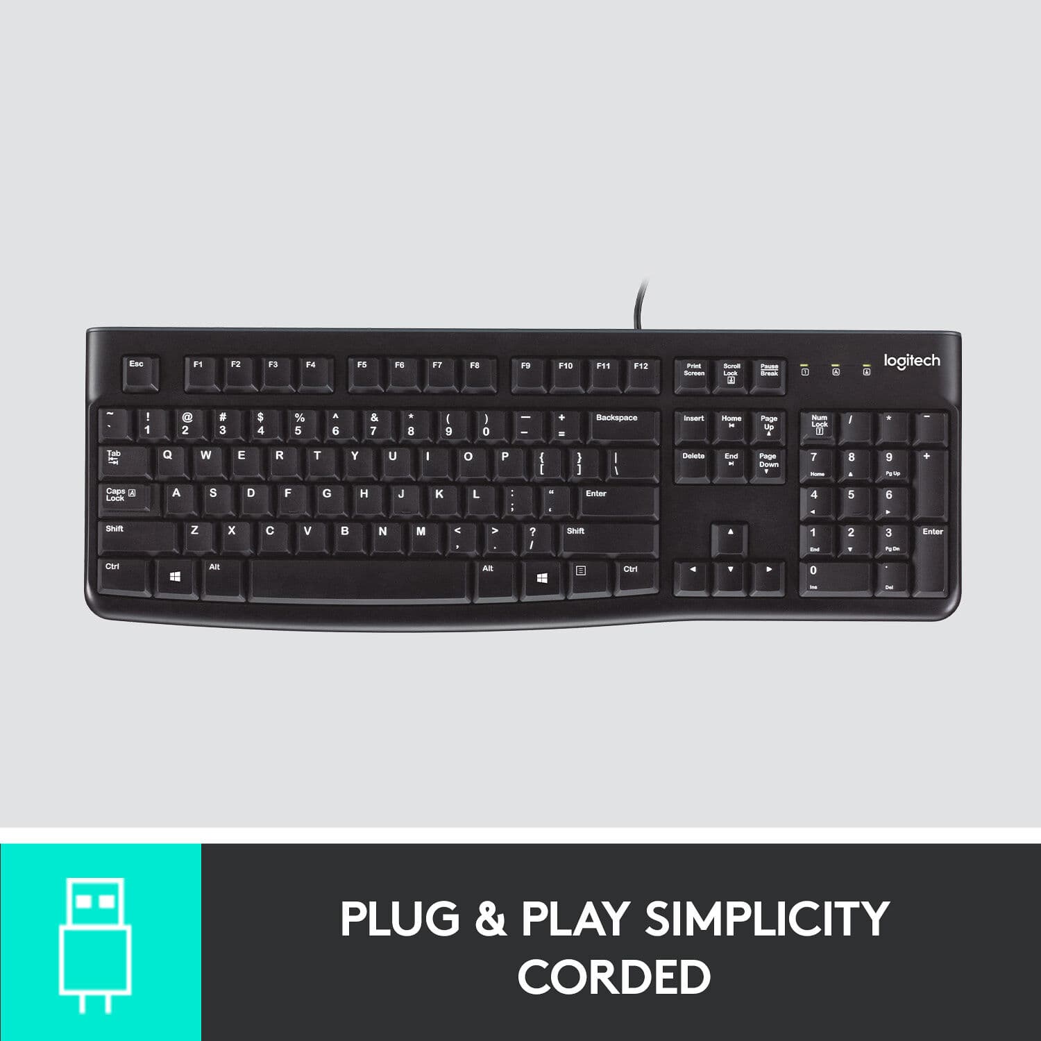 Logitech K120 full-size wired USB keyboard with quiet keys and slim profile